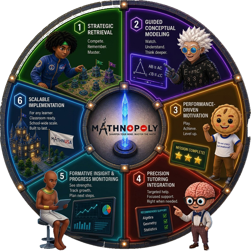 MATHNOPOLY instructional framework: Strategic Retrieval, Guided Conceptual Modeling, Performance-Driven Motivation, Precision Tutoring, Formative Insight, and Scalable Implementation
